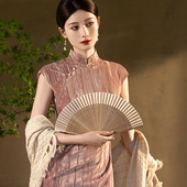 复古改良新款 女2026秋冬气质日常粉色连衣裙长 丝绒订婚旗袍新中式