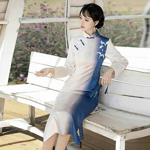 长款 国风日常新款 旗袍X220 女装 原创设计窗花蓝染新中式
