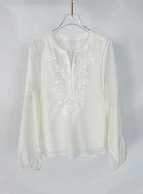 法式复古长袖V领刺绣宽松显瘦白色上衣衬衫Q24-12