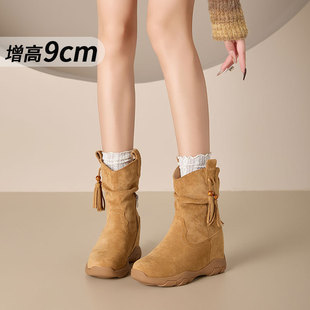 复古流苏马丁靴女2025冬新款 防滑加绒大黄靴9cm隐形内增高堆堆靴