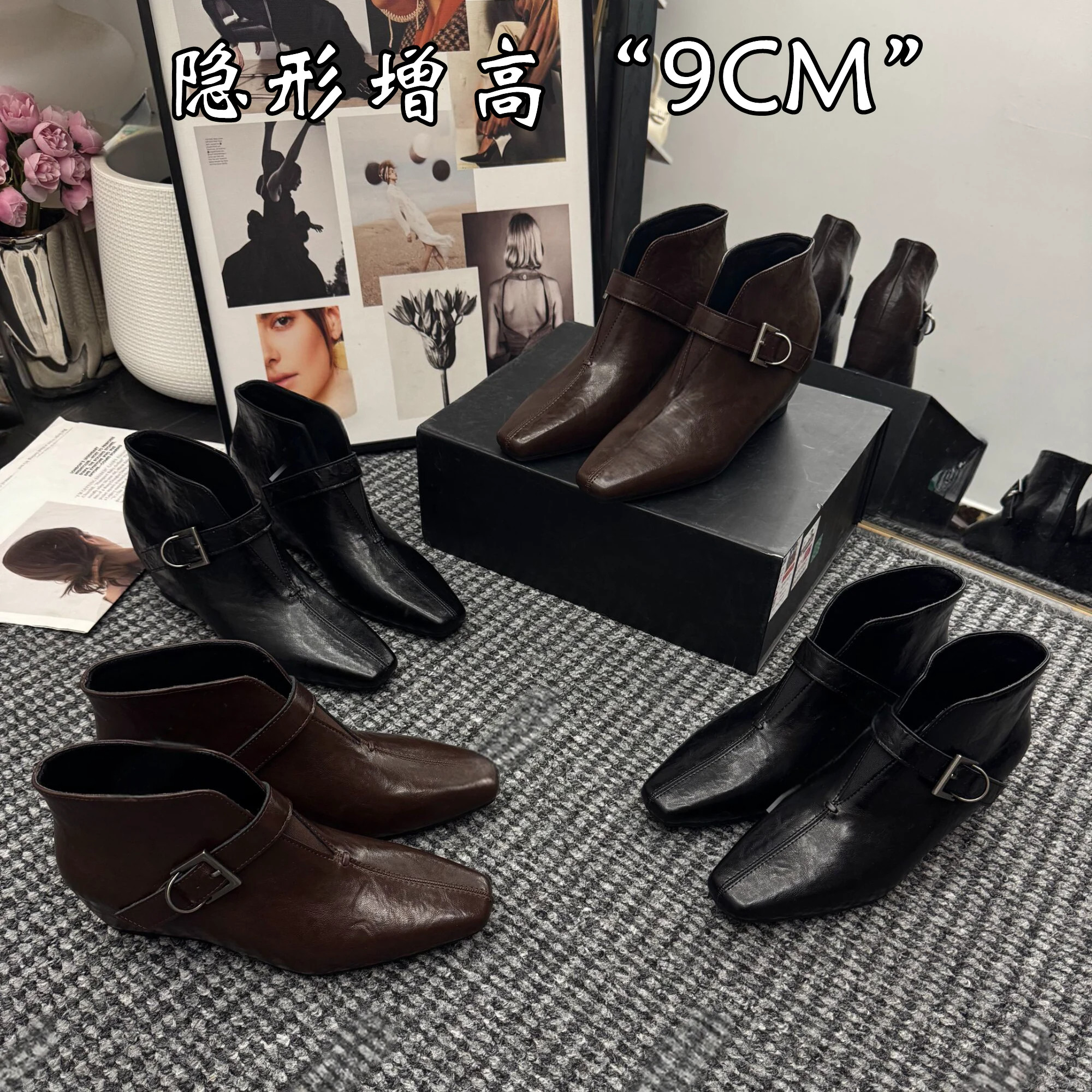 内增高9cmV口设计小跟鞋小皮鞋女