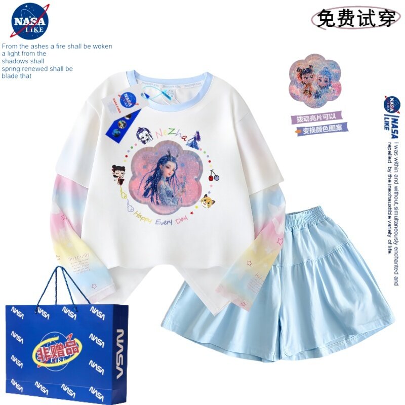 NASA联名敖闰亮片翻转纯棉短袖T恤夏季网纱拼接女童假两件套装