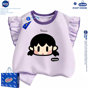 上衣卡通女童衣服 无袖 NASA联名女孩头像儿童短袖 T恤亮灯变色夏季