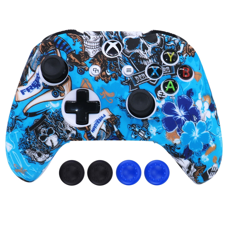 PS4|PS5|XBOX ONE 게임 컨트롤러 보호 커버 파란색 패턴 실리콘 미끄럼 방지 및 낙하 방지 로커 캡 포함