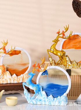 鹿沙漏流沙画客厅鹿摆件玄关酒柜电视柜装饰品新中式滴漏轻奢