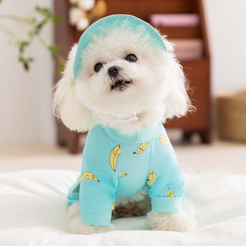 宠物满印春夏季泰迪比熊小型犬带帽子外出四脚防晒凉凉衣狗狗衣服