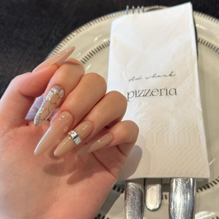 林先生小红书同款 成品假指甲 手工穿戴甲极简风奶茶格纹拼钻长款