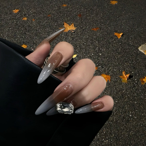 琥珀棕蓝渐变成品假指甲