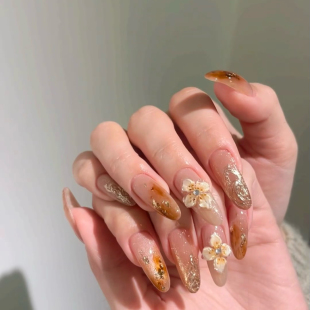 高级感秋冬金箔琥珀晕染成品假指甲 林先生穿戴甲2025新款 日落