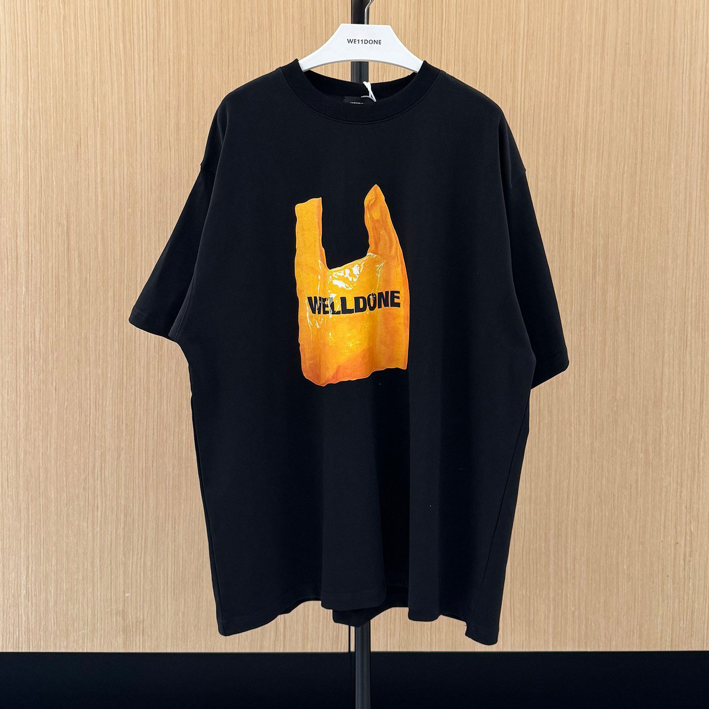 we11黄色环保购物袋字母LOGO复古小众印花T恤宽松休闲情侣短袖潮