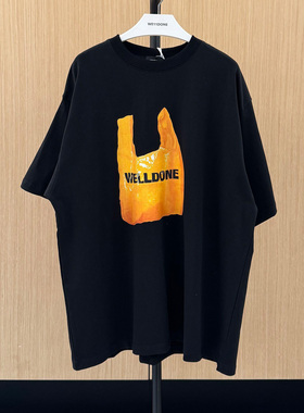 we11doneshark小众黄色字母LOGO环保购物袋印花T恤宽松情侣短袖潮