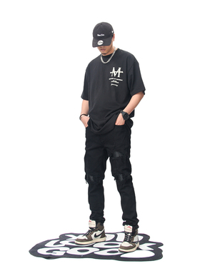 AKAMA欧美高街破洞补丁弹力黑色拼皮牛仔裤男潮牌修身小脚裤嘻哈