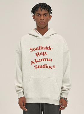 AKAMA秋冬加绒美式领口字母标语印花连帽卫衣男女国潮宽松帽衫ins