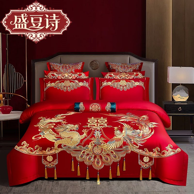 婚庆四件套全棉红色龙凤刺绣结婚流苏新婚房100%纯棉绣花床上用品