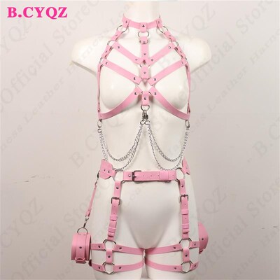 Sexy Woman Harness Garters Pink Thigh Sword Belt PU Leather
