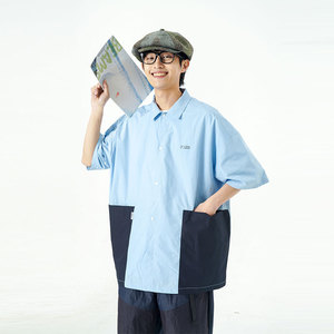 南夏乔装2025夏季男士新款拼色印花绣标翻领衬衫日系休闲宽松衬衣图片