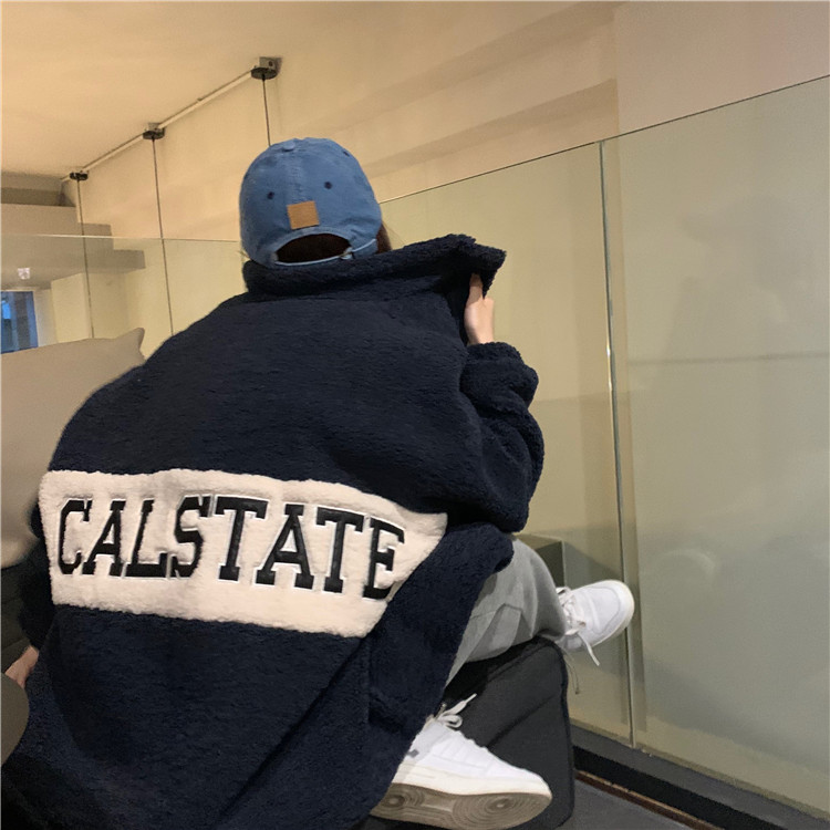 Real price stand up collar loose contrast color embroidery letter warm sweater with cotton and thick wool coat