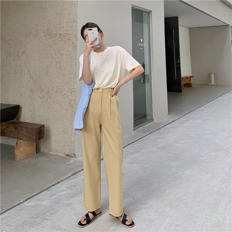 Real price loose solid Short Sleeve T + thin high waist straight Capris