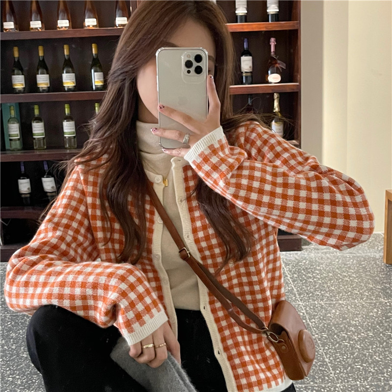 Real price pumpkin orange check knitted cardigan sweater
