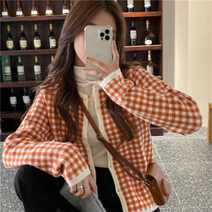Real price pumpkin orange check knitted cardigan sweater
