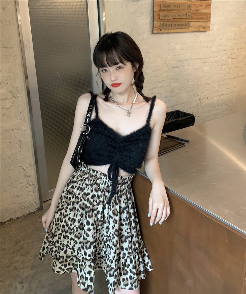 Real price retro design drawstring Vest + sexy high waist Leopard Print Skirt