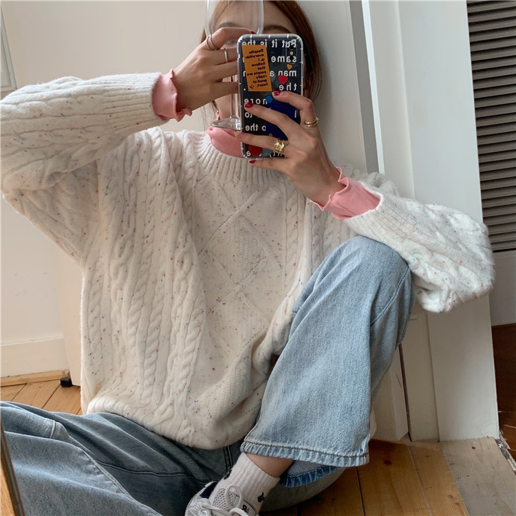 Real shot real price minority design feeling autumn and winter loose knitted Pullover Sweater