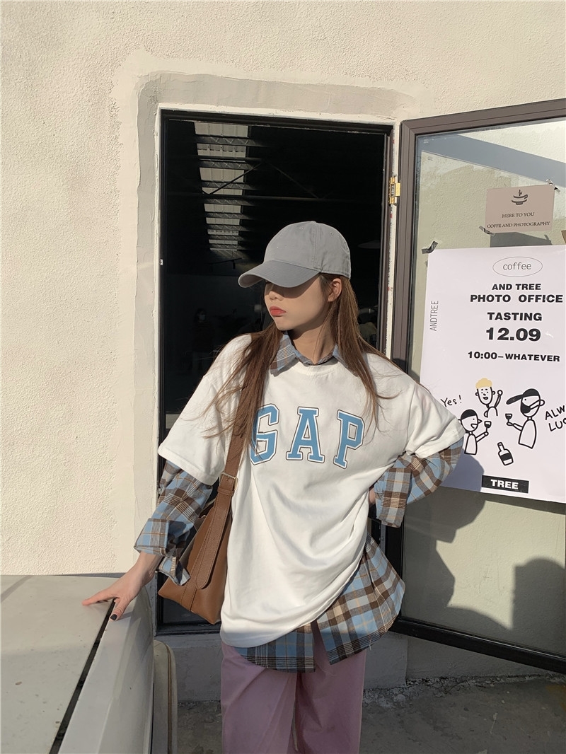 Real price 2021 early spring check BF shirt + letter print round neck short sleeve two piece set