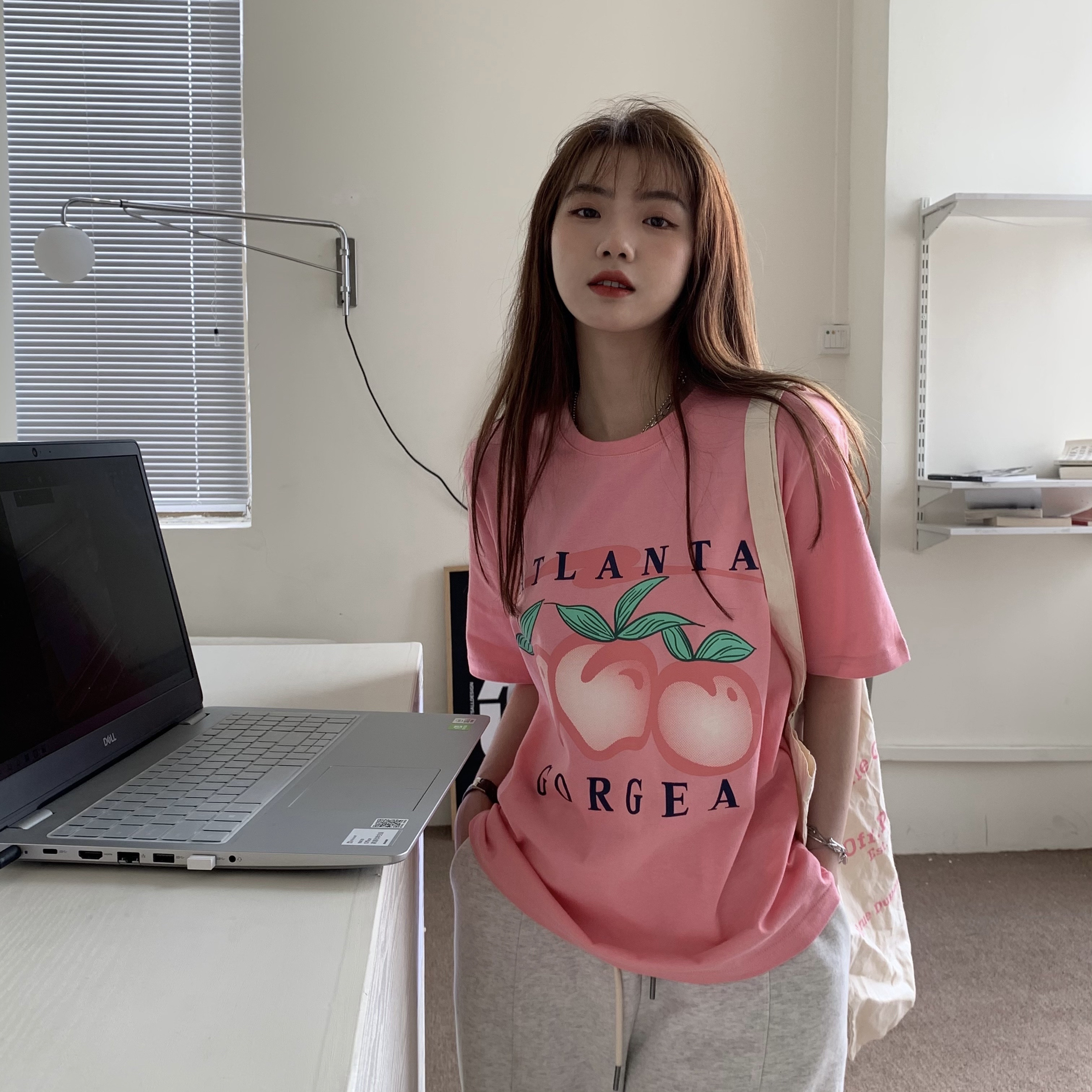 Real price real shot spring and summer Korean style inside and outside Peach Girl print T-shirt