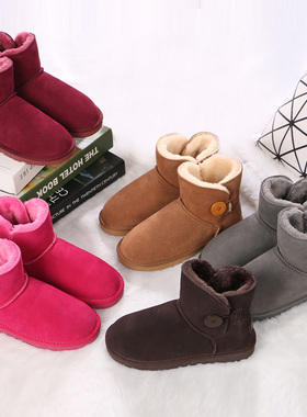 反季清仓3352真牛皮雪地靴女皮毛一体短筒男女鞋冬季中筒靴子棉鞋