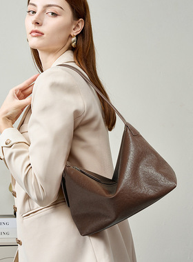 复古头层植鞣牛皮休闲单肩腋下包 通勤大容量经典真皮斜挎hobo包