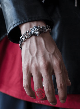 纯银狼头生肖狗男士霸气风手链