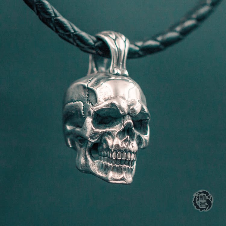 松岩 原创设计 s925纯银 头骨项链骷髅吊坠个性 哥特朋克男士霸气