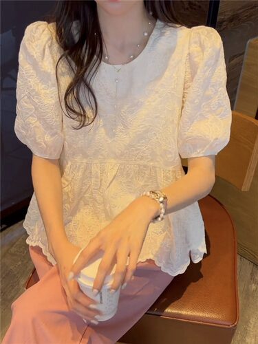 遮肚子蕾丝雪纺上衣女夏娃娃衫