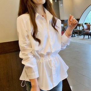 女设计感小众遮肚子显瘦掐腰小衫 早春气质收腰雪纺白衬衫 高腰上衣