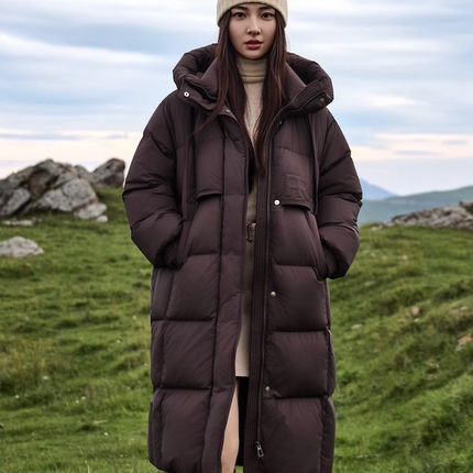 凯慕狮泡芙冬季女士时尚羽绒服连帽90鸭绒保暖加厚过膝5203长款