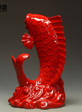 红色鲤鱼摆件年年有余招财吉祥物礼品居家客厅玄关风水陶瓷装饰品