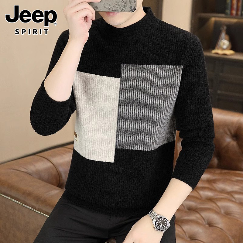 JEEP SPIRIT撞色毛衣 男士秋冬潮流半高领宽松型毛线衣