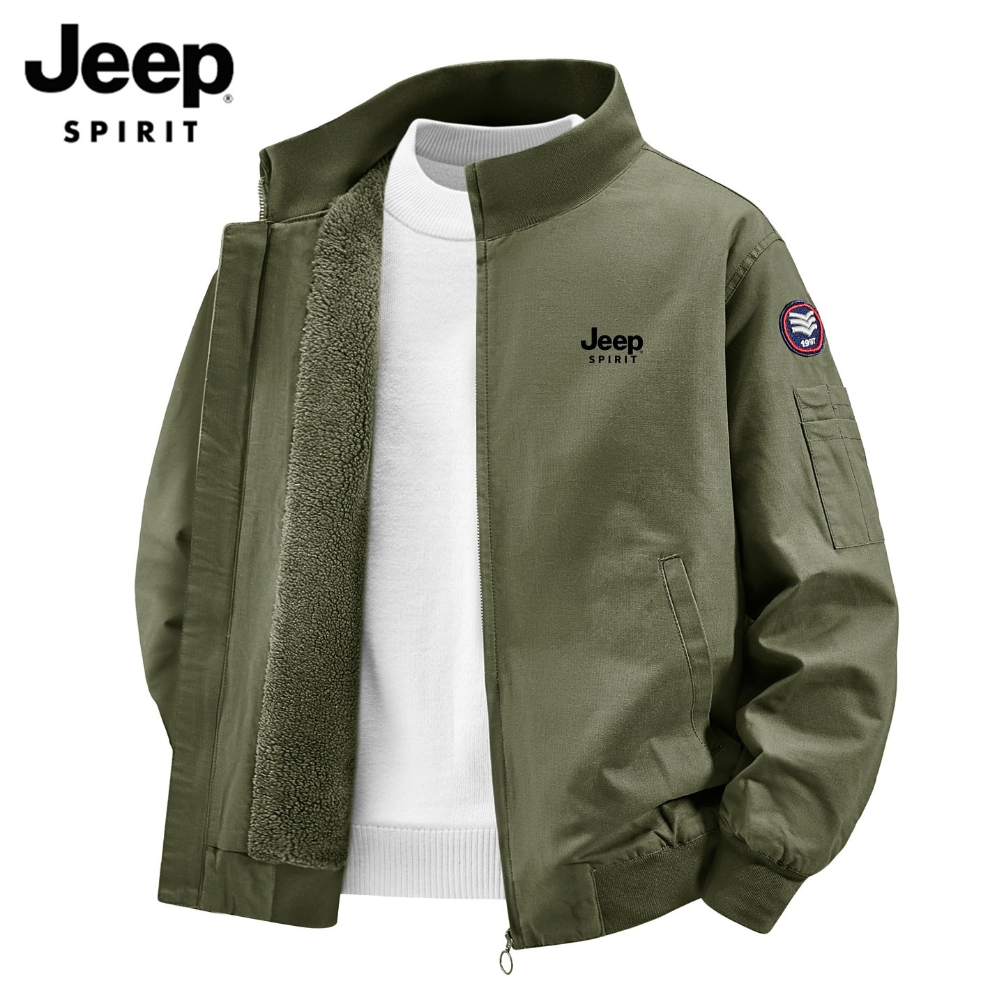 JEEP SPIRIT加厚立领棉服男士冬季短款美式羊羔绒飞行员外套男装