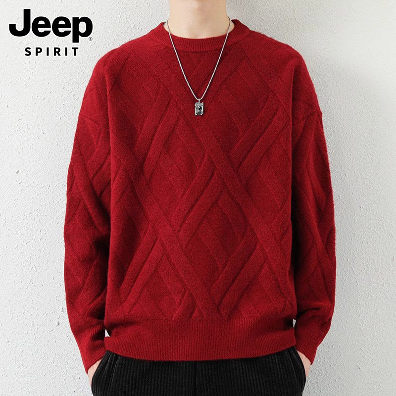 JEEP SPIRIT红色毛衣男士秋冬潮牌圆领线衣本命年打底针织衫男款