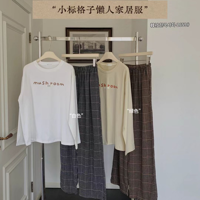 2659#韩社小标格子懒人家居服套装女秋冬舒适休闲宽松圆领睡衣