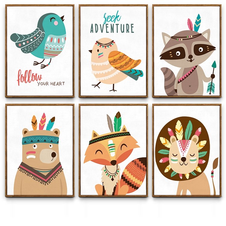 简约现代北欧绿林大冒险卡通装饰画儿童房游乐幼儿园背景晶瓷挂画