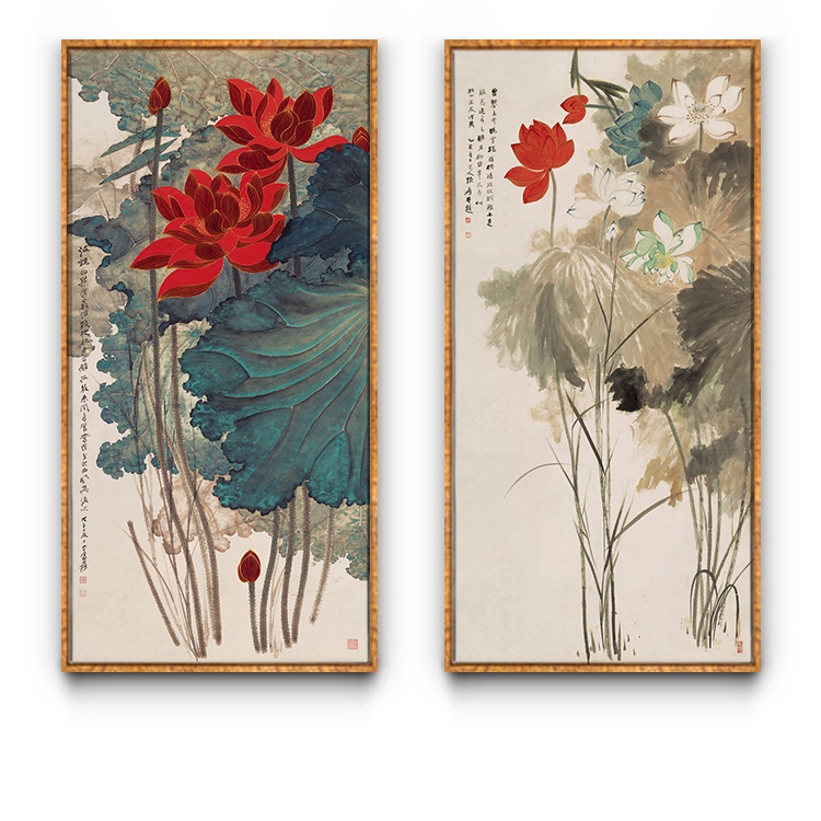 张大千水墨国画荷花竖版玄关挂画新中式客厅防水卫生间晶瓷装饰画图片