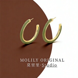 莫里里高级感欧美风夸张耳环绿色树脂设计感大C圈耳饰时尚潮人