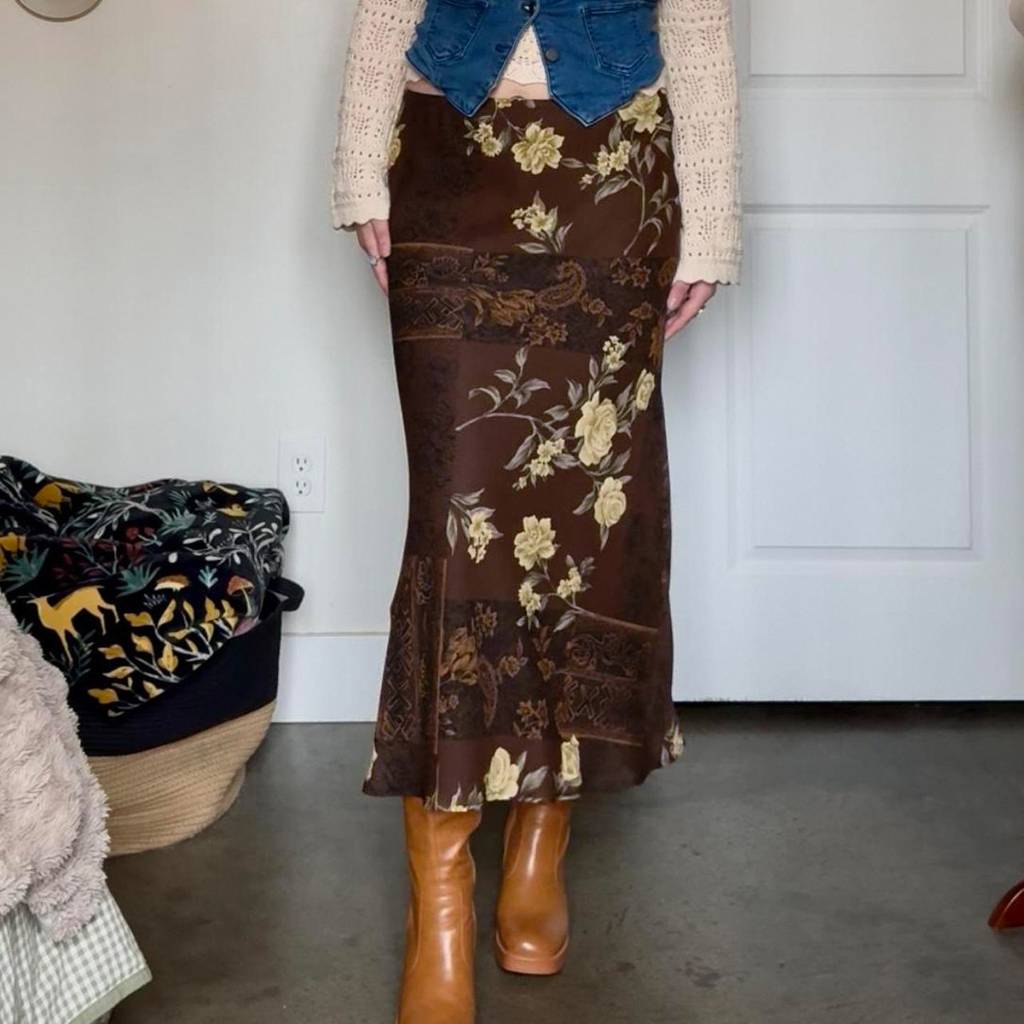 新中式田园风复古印花网纱显瘦半身裙2026夏季低腰A摆包臀长裙女