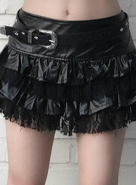 欧美秋冬性感辣妹哥特风纯色蛋糕裙针织蕾丝拼接皮革短裙不含腰带