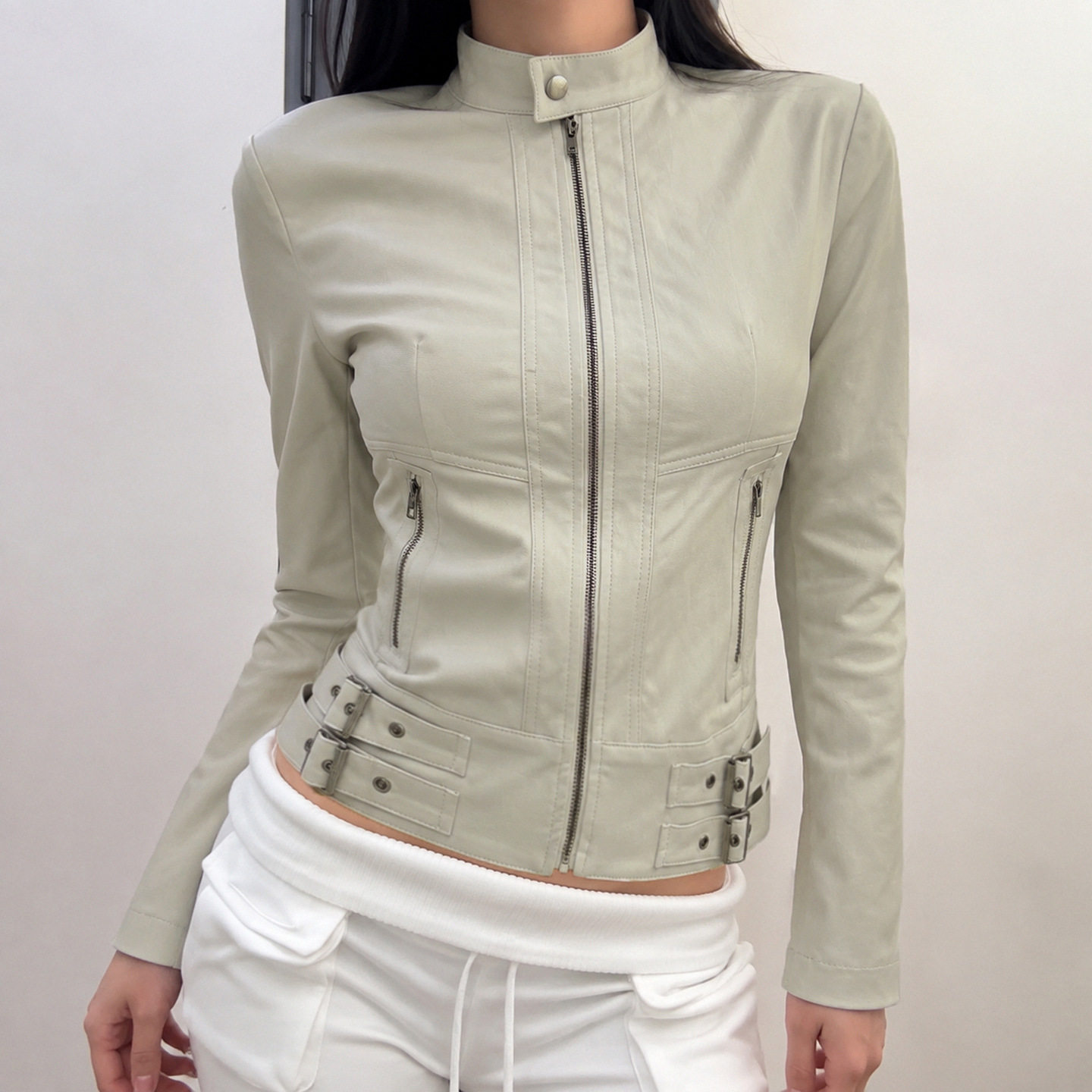 秋季欧美复古街头时尚立领风衣外套金属装饰拼接拉链开衫上衣女装