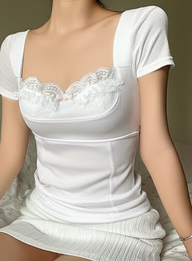 法式少女风蕾丝拼接胸型方领T恤女秋季新款基础纯色百搭修身上衣