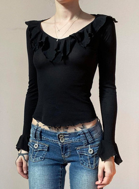 荷叶大圆领修身打底衫长袖T恤新款欧美气质百搭甜美纯欲风上衣女
