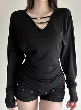 美式设计感甜美少女风基础长袖T恤V领串珠收腰褶皱显瘦休闲上衣女