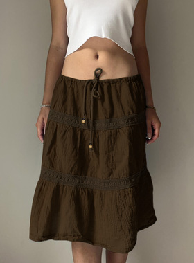 新款松紧腰拼接设计蛋糕裙蕾丝复古A摆穿珠系带梭织百搭半身裙秋